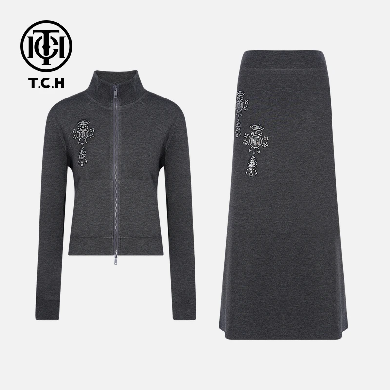 TCH-时尚潮牌十字架LOGO烫钻纯欲慵懒风女装灰色套装T75C07E1020