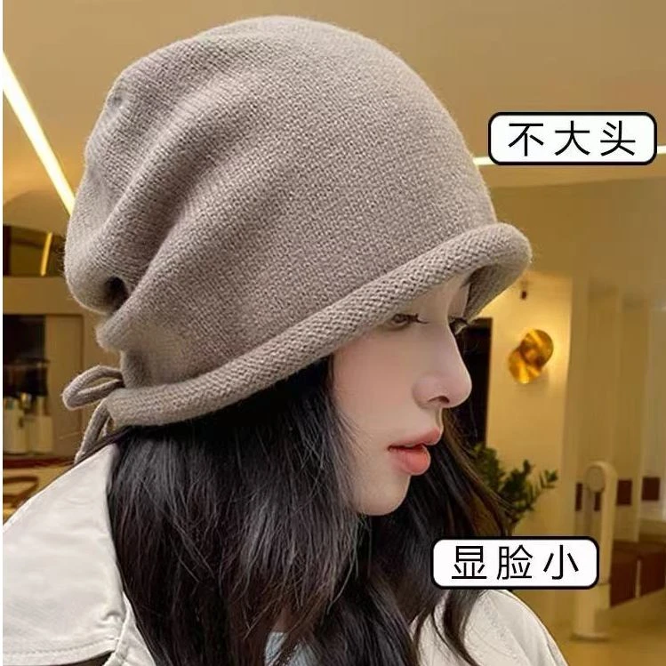 秋冬季针织包头帽洋气时尚宽松大头围月子帽堆堆帽新款加绒帽子女