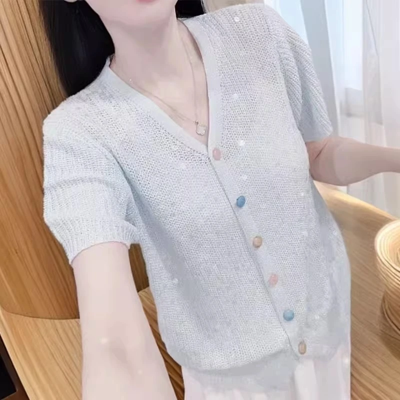 V领彩扣亮片短袖针织开衫女2025夏季款韩版时尚洋气百搭薄款上衣