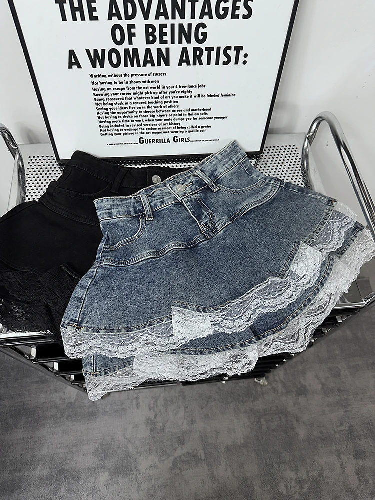 拼接荷叶边牛仔半身裙春季甜美新款高腰A字蓬蓬裙辣妹超蛋糕短裙