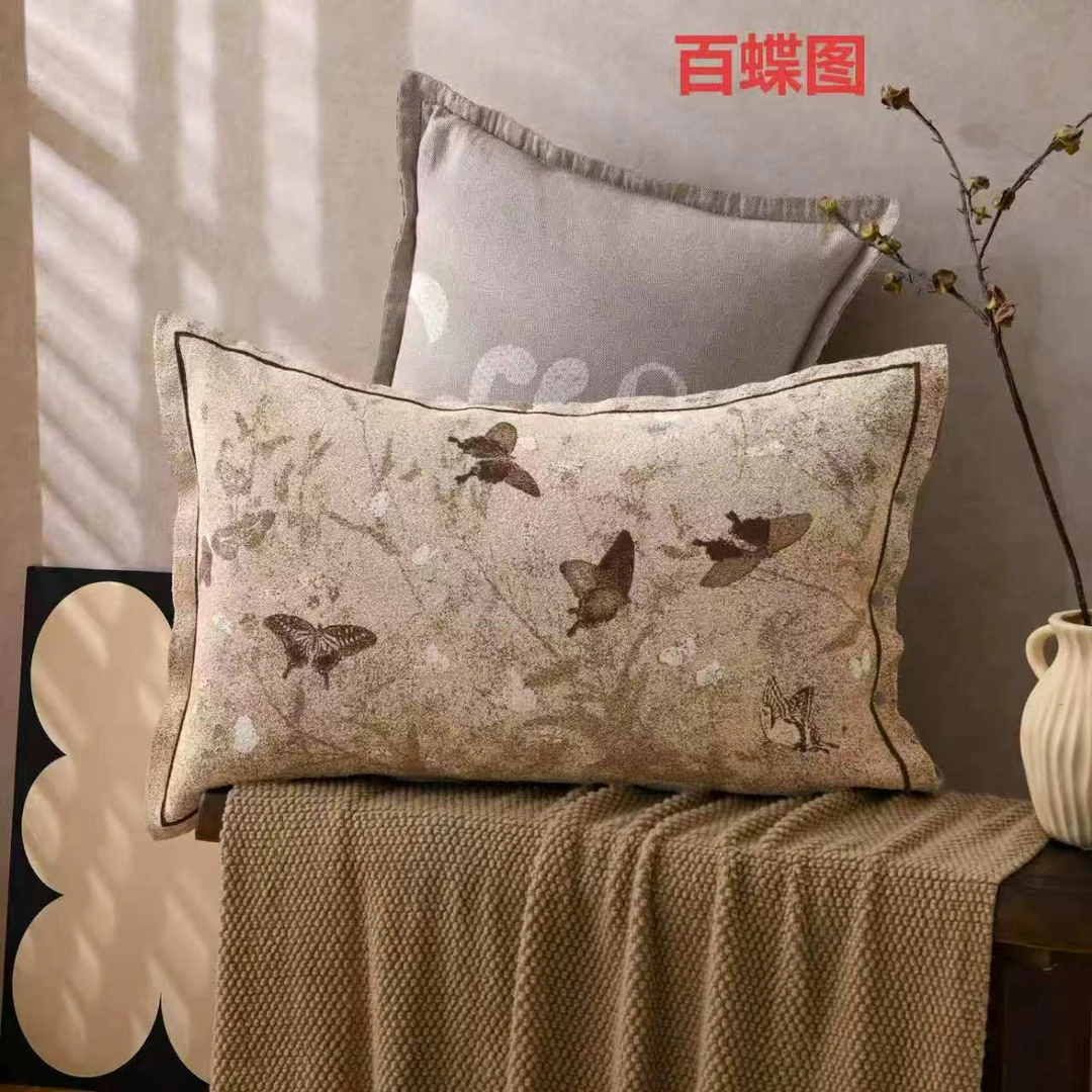 百蝶图-咖色中古风罗布麻枕套50*80cm（两条装）