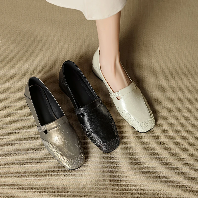 3CM，牛皮软底女单鞋方头粗跟夏季妈妈鞋春季秋季女款方头粗跟乐福