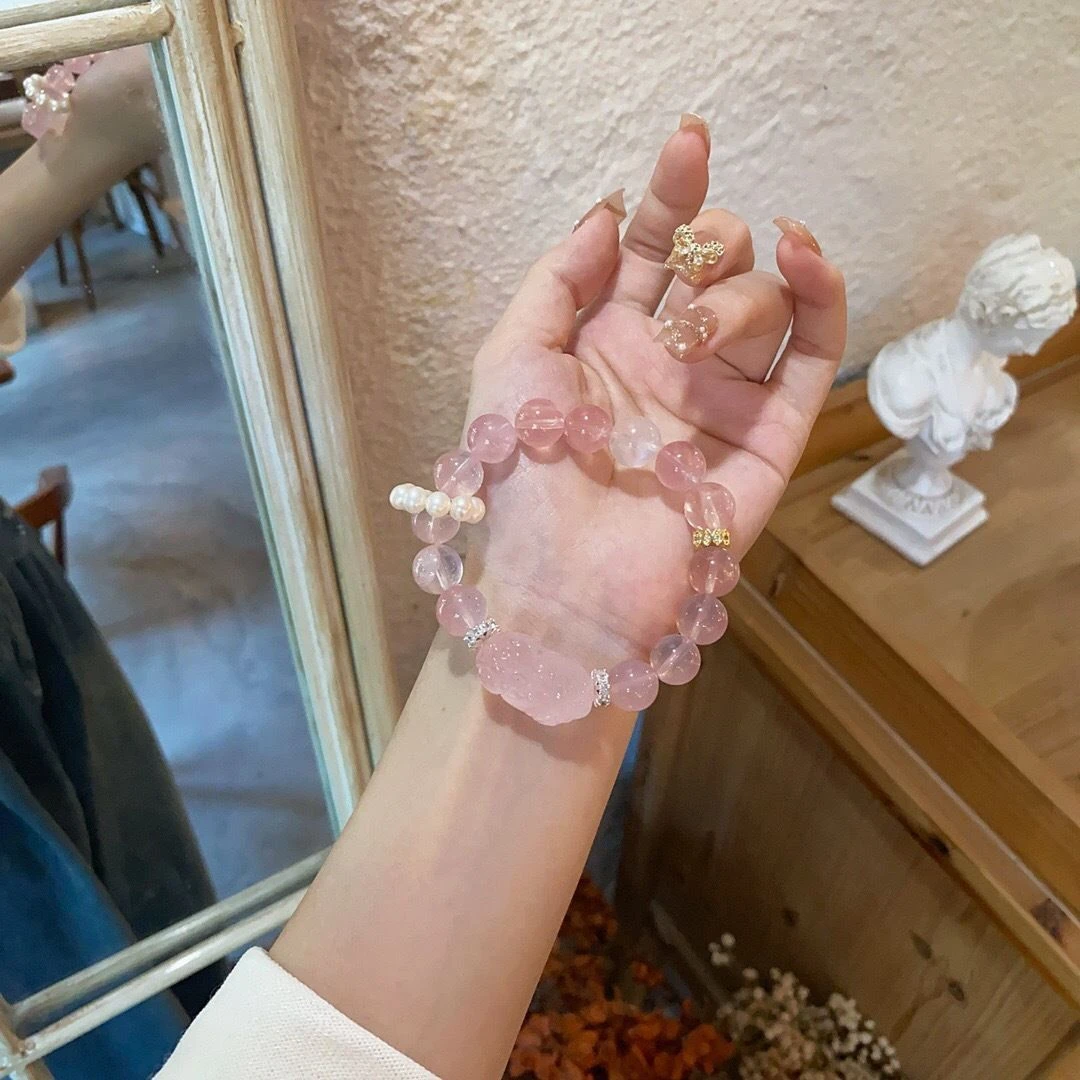 纯天然马达加斯加粉水晶手串手链转运马粉水晶貔貅手链桃花年货