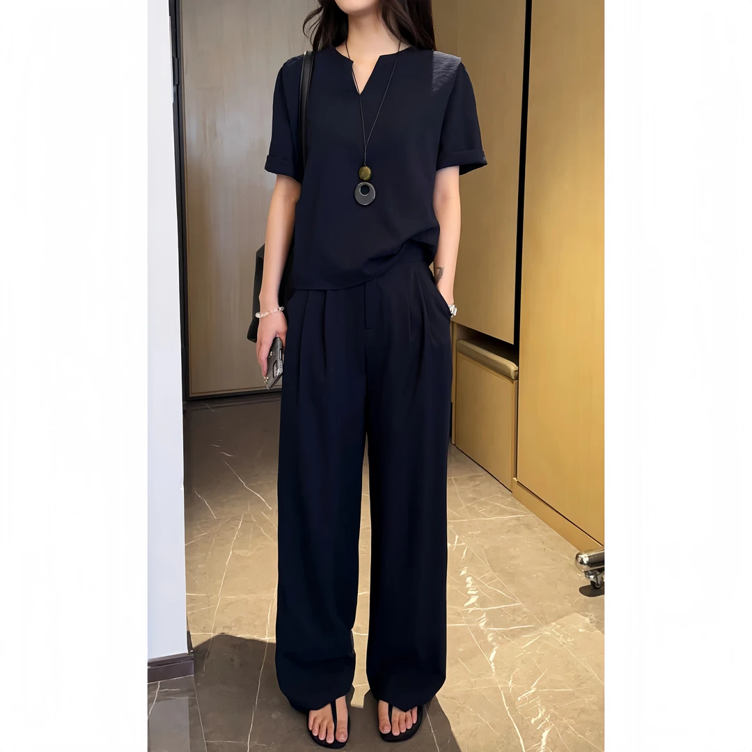 慵懒风时尚套装女宽松显瘦V领上衣高腰阔腿裤减龄休闲两件套