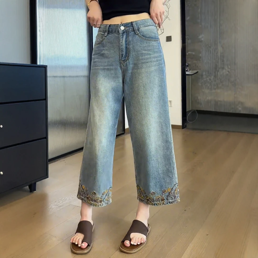 大码复古刺绣直筒牛仔裤女2025夏季新款胖mm显瘦阔腿裤百搭九分裤