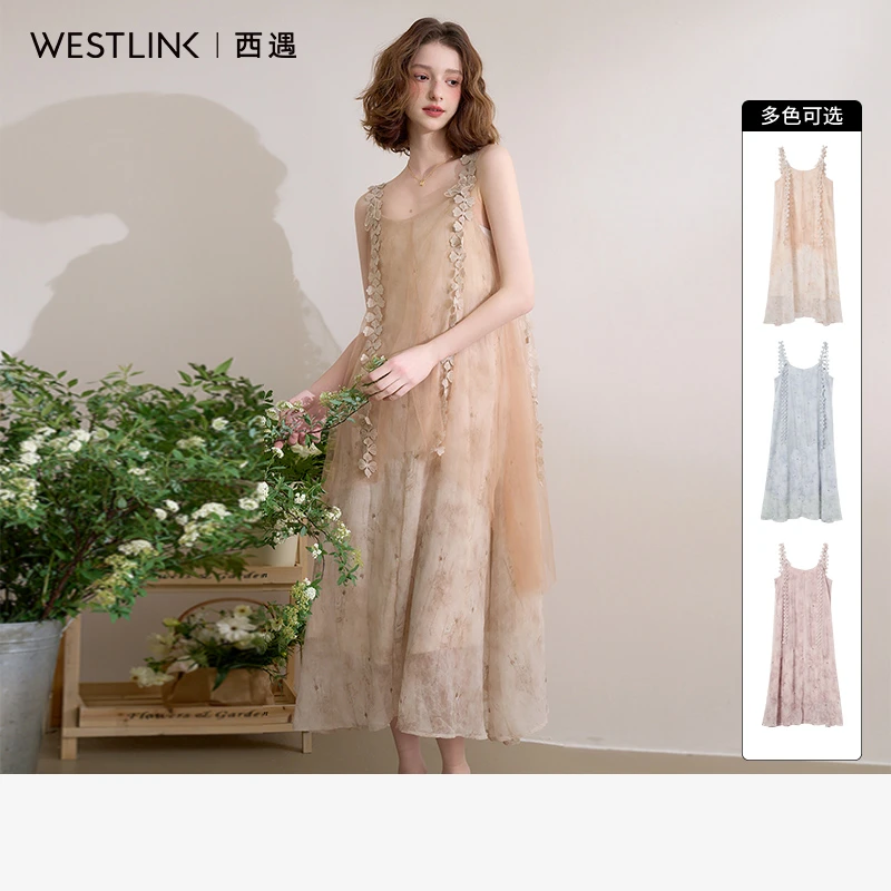 0477西遇吊带薄纱连衣裙女2025年夏季新款度假风仙女花边沙滩裙