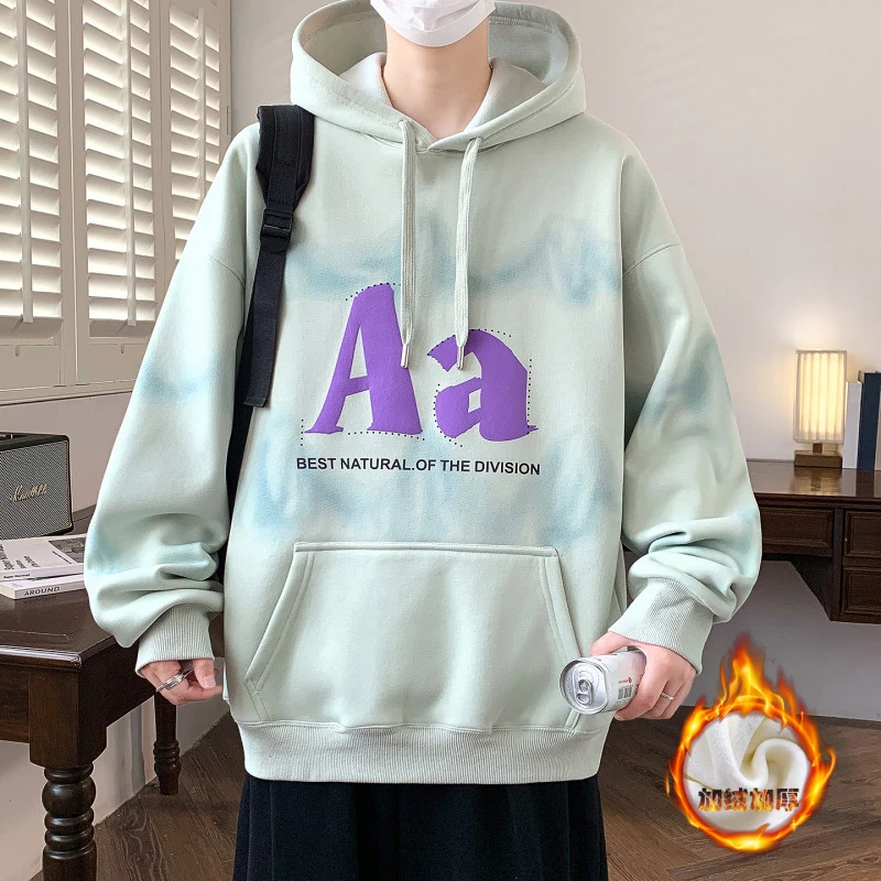 秋冬季新款男青少年加绒加厚连帽卫衣卫初中高中学生印花宽松上衣