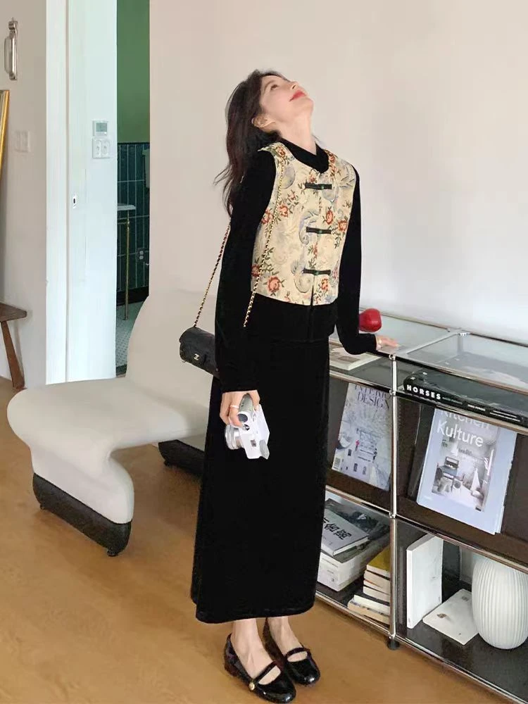 S914【专属】新中式国风旗袍马甲丝绒长裙两件套裙RS-ASXZ24AT2410