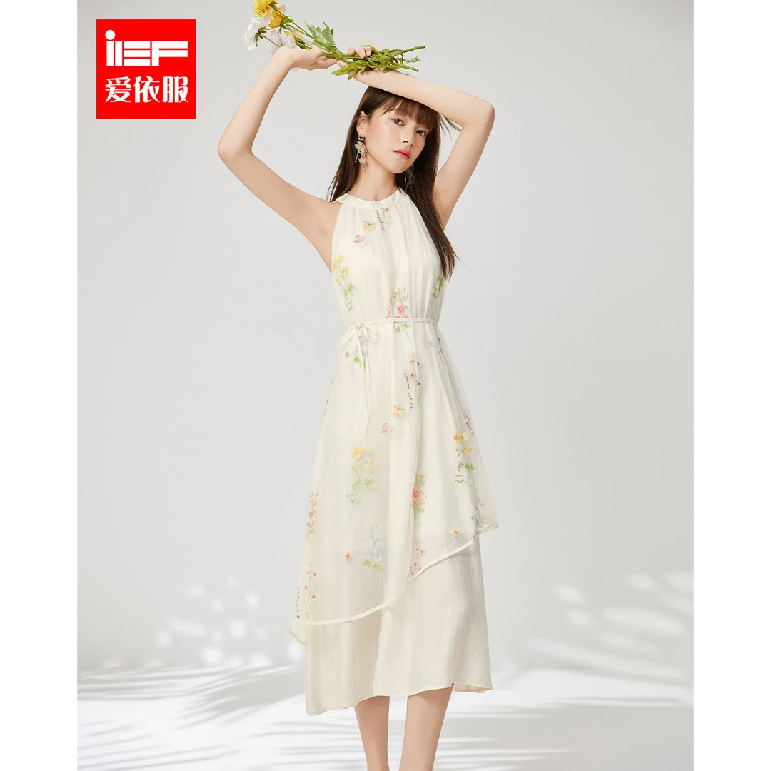 IEF/爱依服2025夏季女新款挂壁脖气质优雅花色日常背心长裙流光风