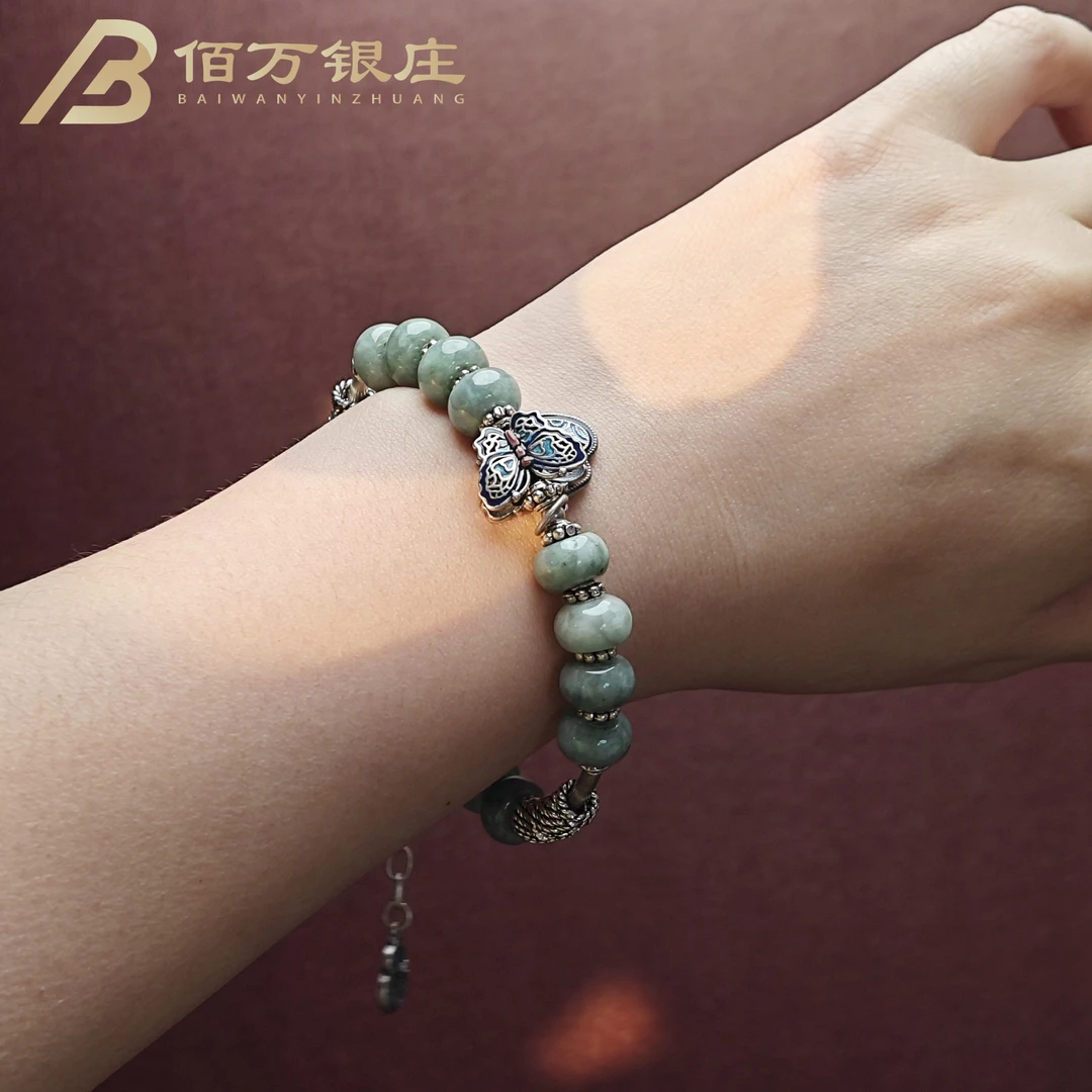【佰万银庄】S925银翡翠福蝶盘缠手链10mm民族风复古绿色手作编织