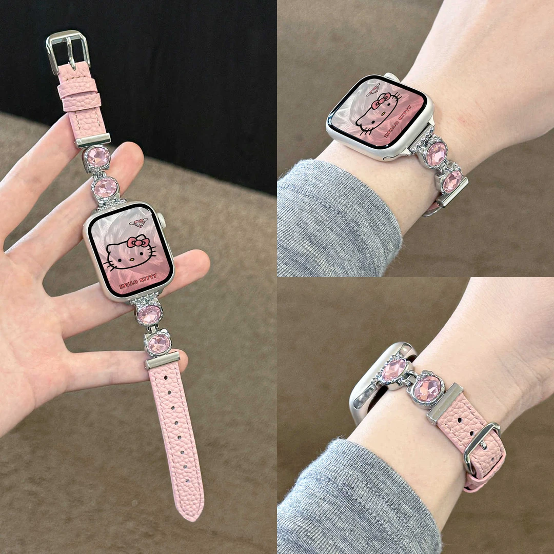 适用Appleiwatchs10表带镶钻荔枝纹气质感KTs9/8/7皮质苹果表带