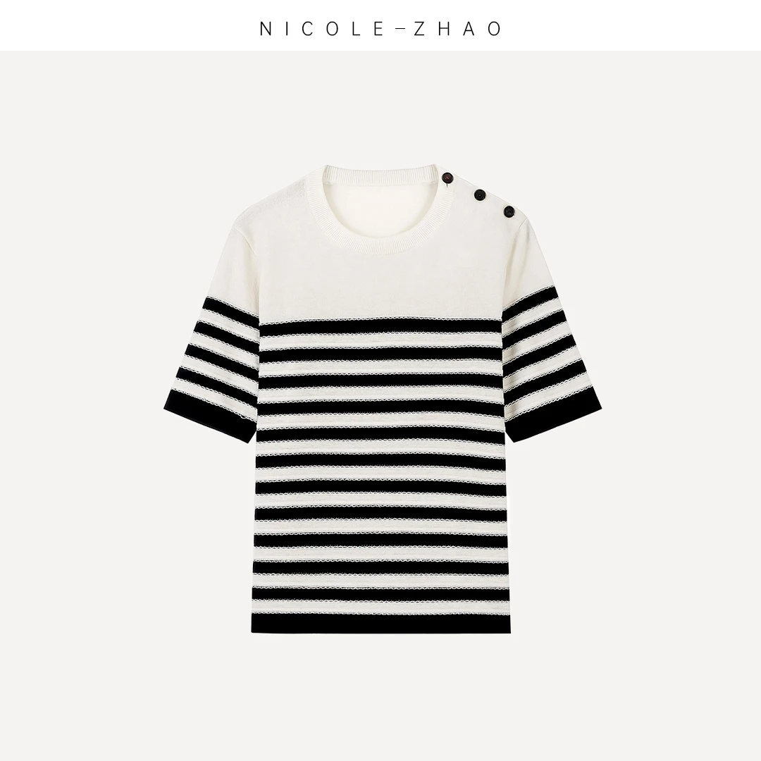 SM2129【贵姐NICOLE】高端设计师款条纹T恤羊毛圆领短袖针织