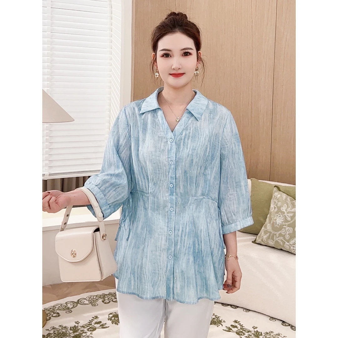 【扎染烫钻系带小衫】MsShe大码女2025新款春七分袖衬衫S~E2503034