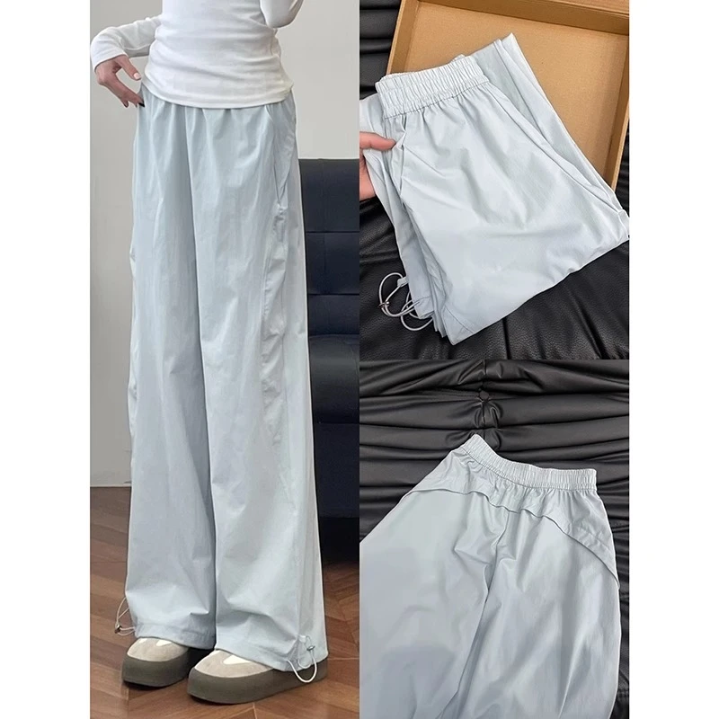 蓝色速干工装裤女夏季2025新款高腰宽松直筒小个子阔腿休闲运动裤