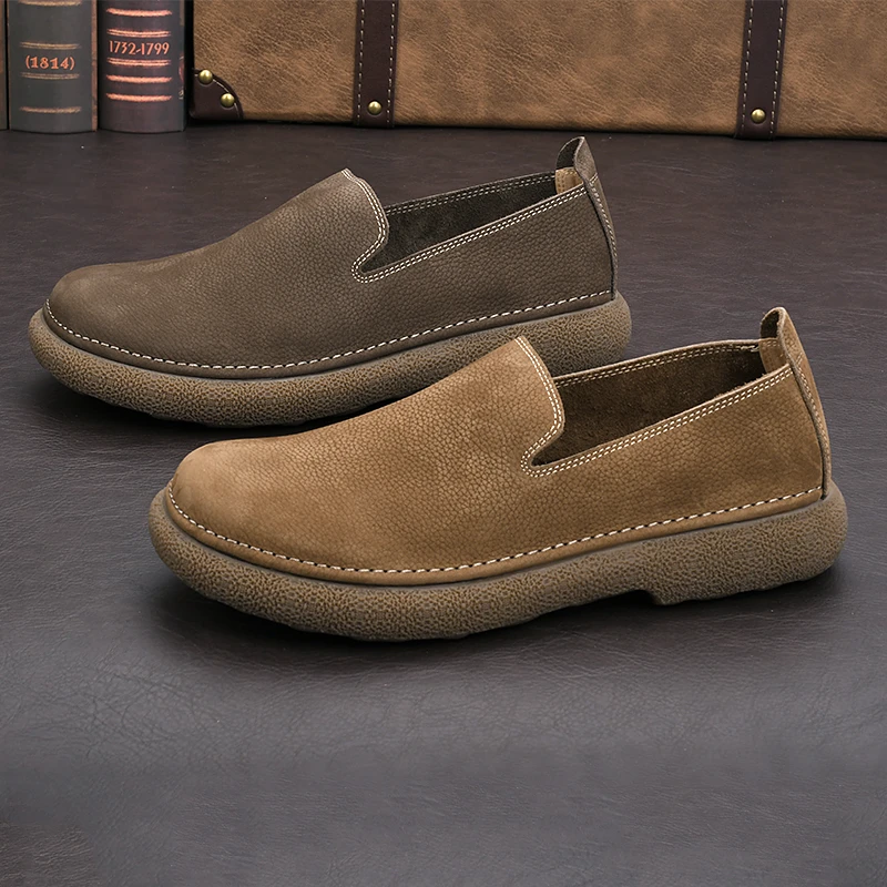春夏新款男鞋头层牛皮鞋纯色乐福鞋懒人一脚蹬实心牛筋豆豆鞋