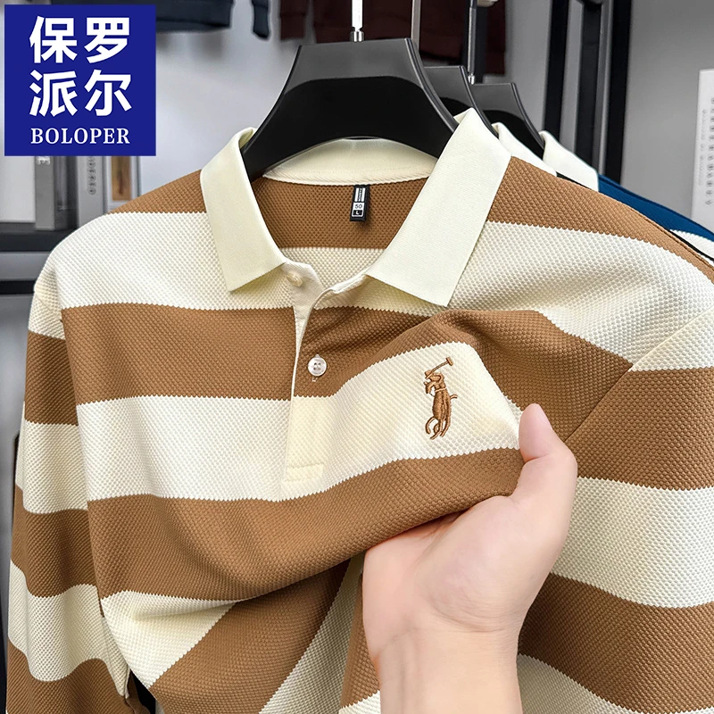 保罗黑白条纹polo衫男长袖品牌运动休闲刺绣t恤男装翻领潮流体恤