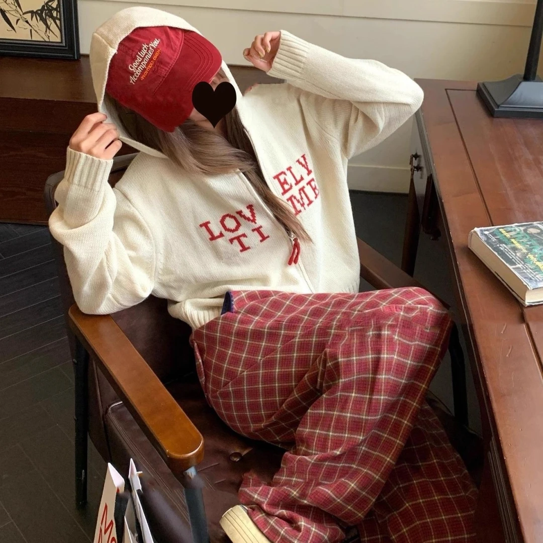 韩系早秋穿搭双拉链长袖针织开衫女2025新款短款连帽毛衣外套上衣