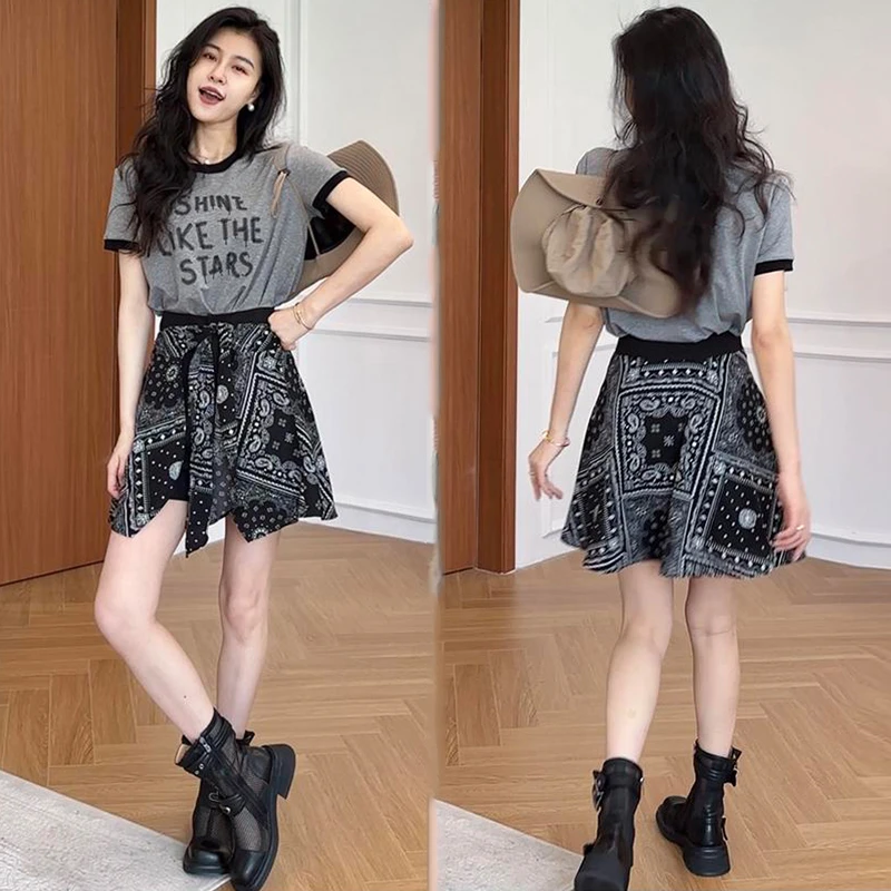 2025夏季爆款两件套大码女装灰色短袖t恤假两件裙裤胖mm显瘦套装