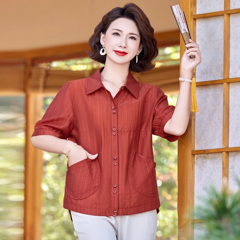 洋气中年妈妈夏天短袖衬衫上衣中老年女装显瘦夏装宽松衬衣女装