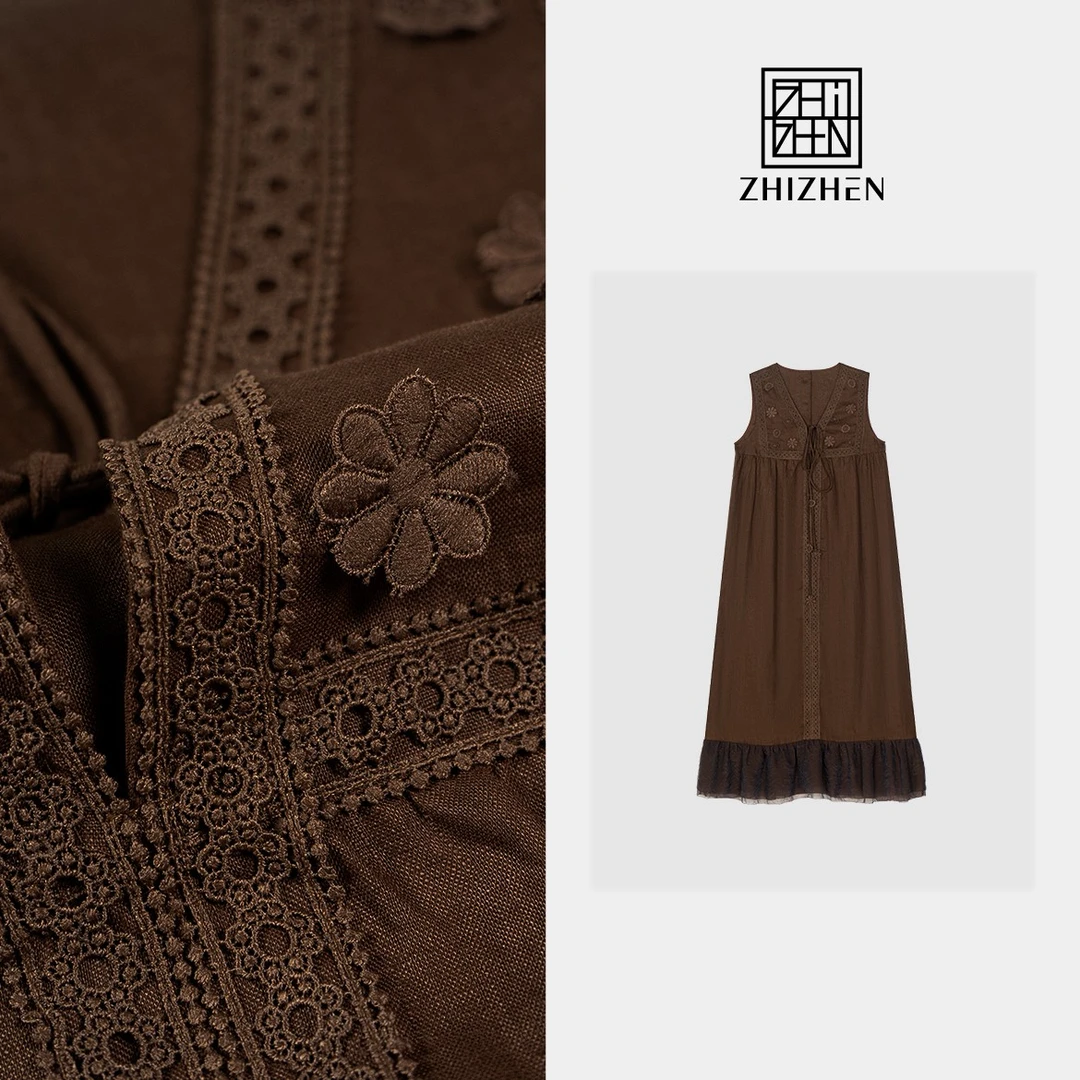 夏季重工提花刺绣裙摆拼接亚麻连衣裙【绣花拼接裙】