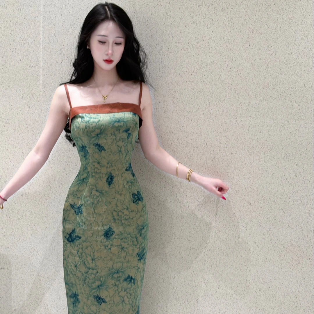 LHMknk1画报夫人原创自制中式旗袍连衣裙香云纱25姆米 花蝶绿吊带