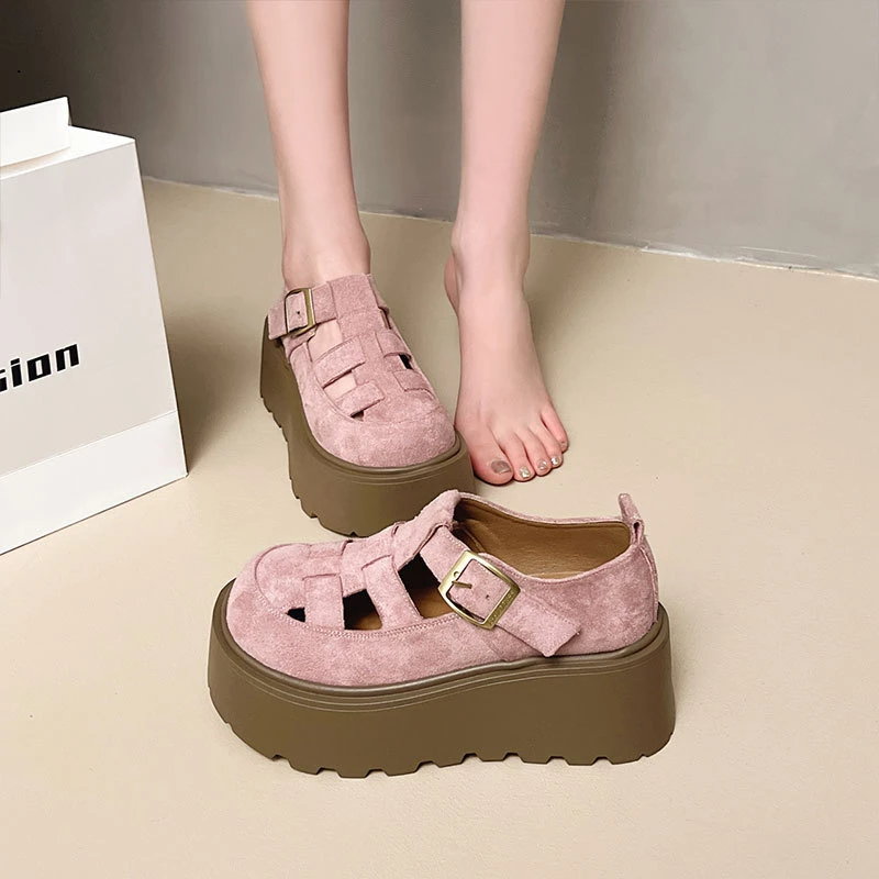 玛丽珍单鞋包头罗马凉鞋女2025新款春夏厚底增高勃肯鞋镂空洞洞鞋