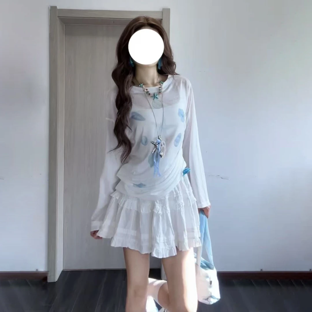 夏季甜美蓝调图案印花防晒长袖T恤设计抽绳微透白色上衣罩衫薄款