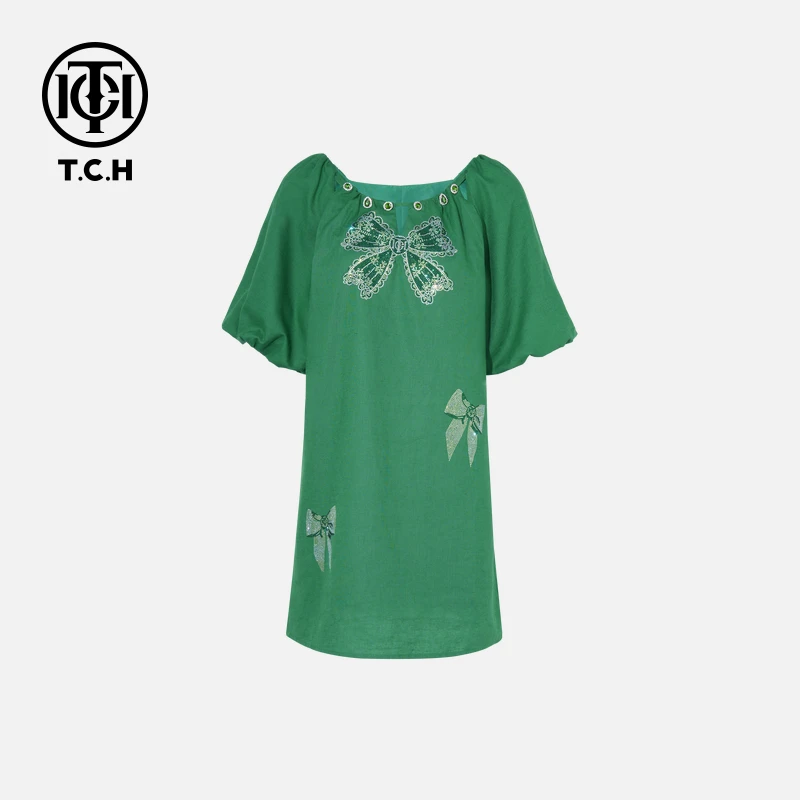 TCH服饰烫钻工艺时尚休闲百搭蝴蝶结连衣裙女T75B30E5049轻奢tch