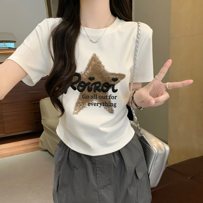 甜美复古字母星星印花棉质短袖t恤女2025新款夏季设计感短款上衣