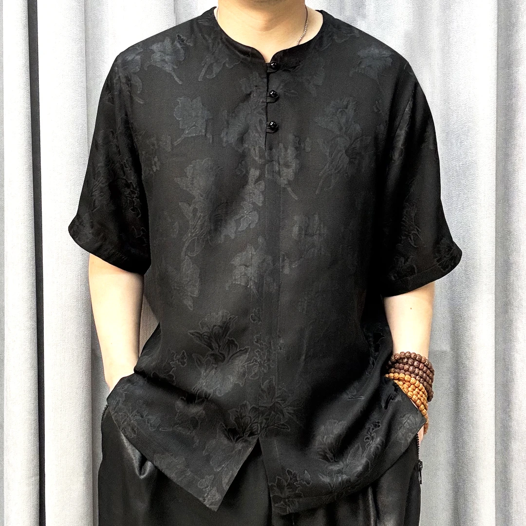 杭罗香云纱桑蚕丝中国风男装短袖简约夏季复古男提花男士古风2399