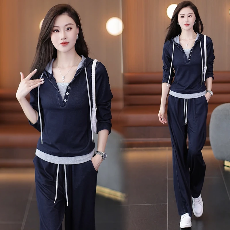 时尚牛仔套装女2025秋季新款洋气显瘦假两件连帽上衣阔腿裤两件套