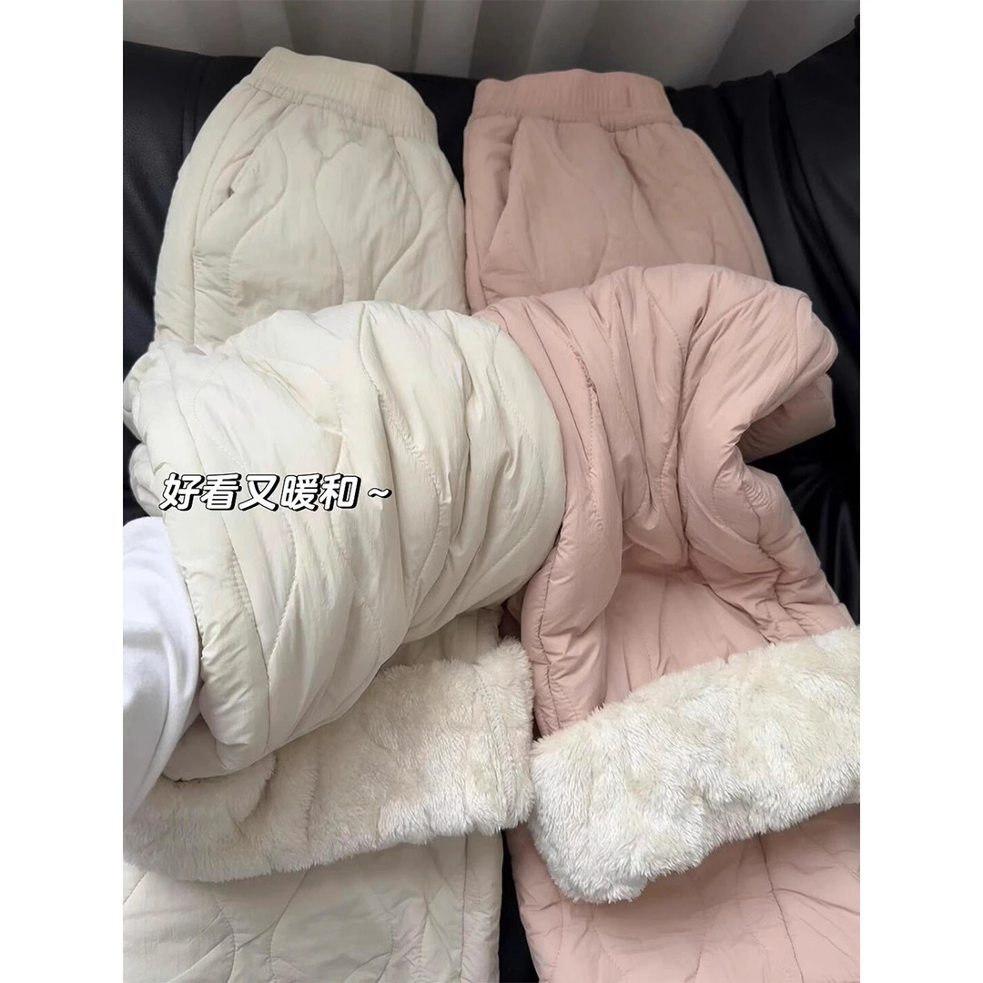 粉色羊羔绒东北棉裤女秋冬哈尔滨穿搭防寒裤子休闲保暖加绒阔腿裤