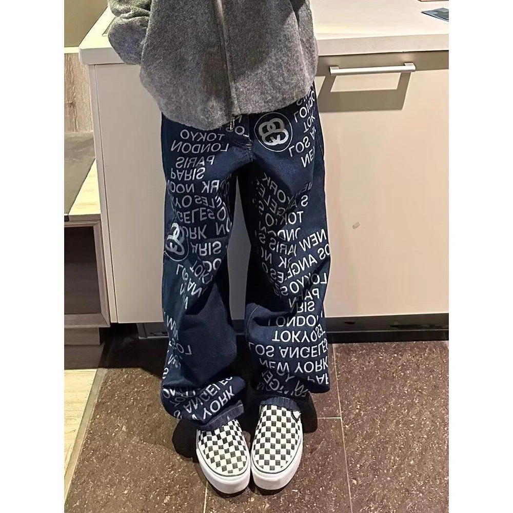 高街hiphop美式复古深蓝色街头潮牌字母满印牛仔裤小众阔腿直筒裤