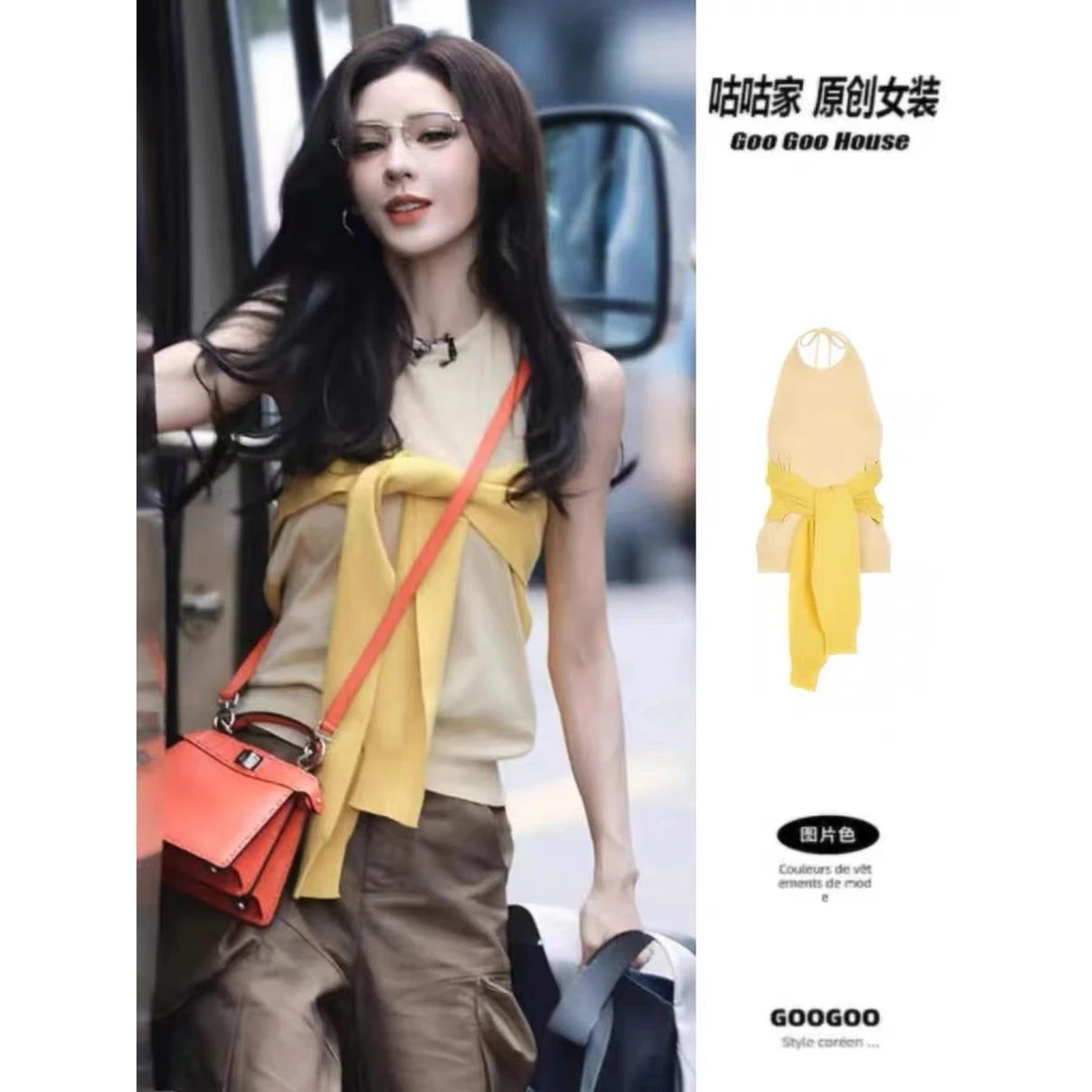 气质小众短款女T恤女款夏季假两件针织衫女韩显瘦无袖露肩上衣