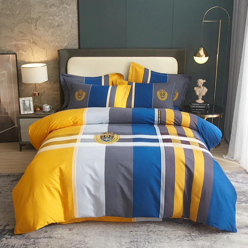 简约时尚全棉加厚四件套斜纹印花纯棉床上用品4亲肤磨毛被罩条格