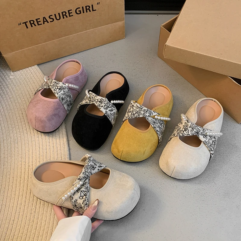 法式勃肯鞋2025春夏丝带时尚百搭小珍珠女款小个子软底包头拖