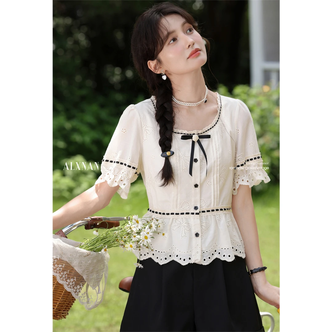 【清清】设计感白色短袖衬衫夏新款时尚宽松拼色上衣女