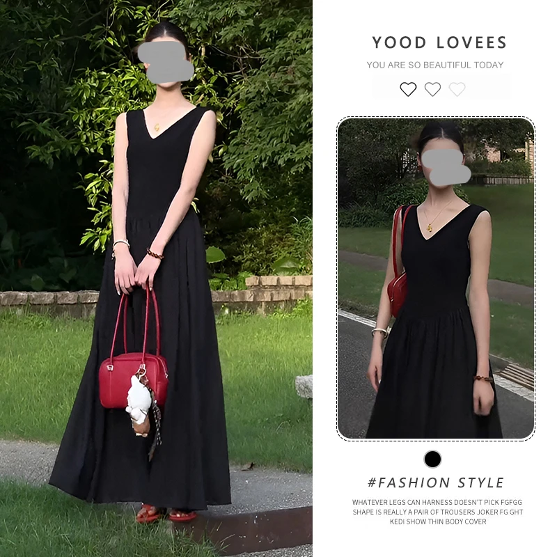 法式高级感A字无袖V领长裙女夏气质立领黑色收腰背心大摆长裙潮