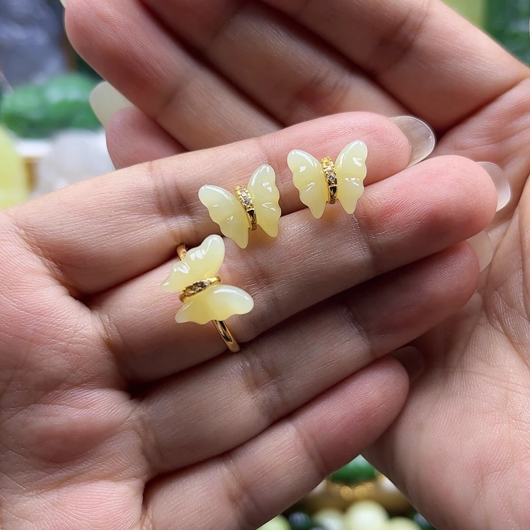 和田玉银S925镶嵌耳饰戒指套装