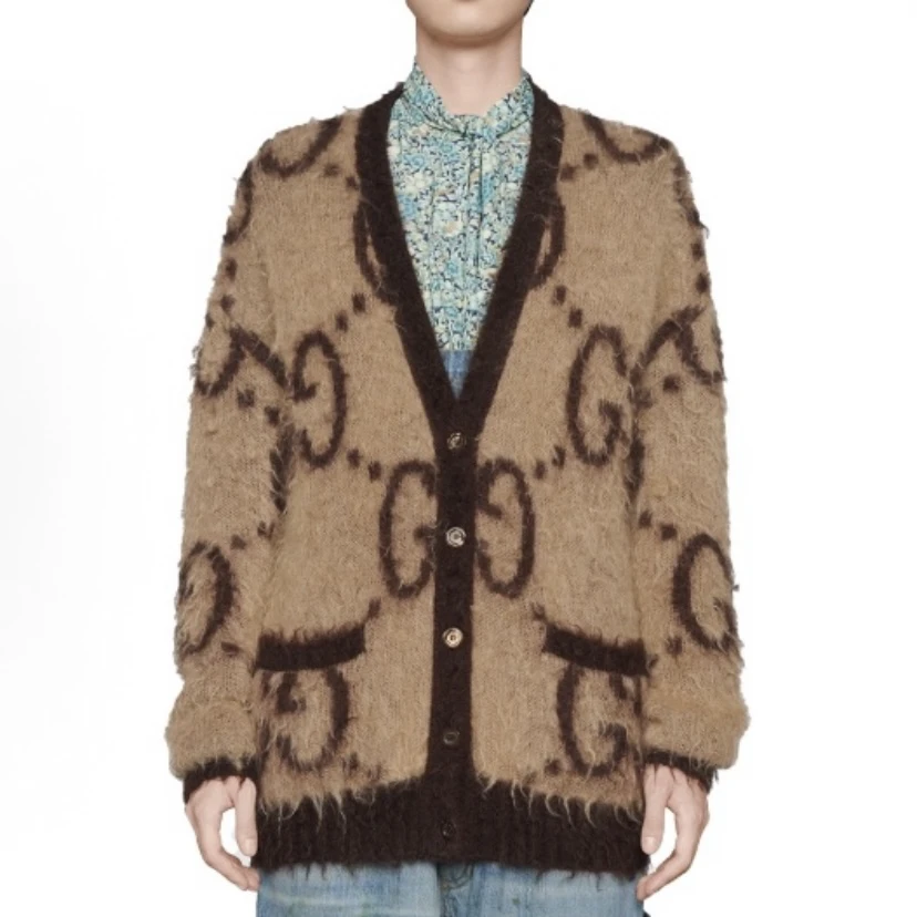 99新 GUCCI/古驰 1519/棕色Logo提花满印双面穿针织衫开衫/L码