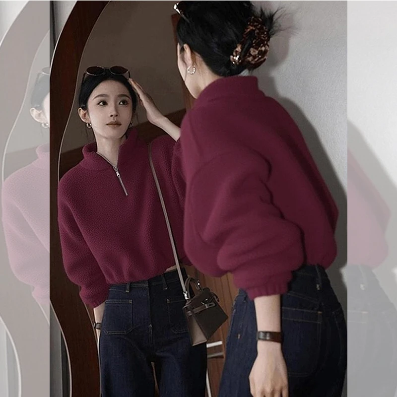 慵懒风紫色半拉链气质卫衣女2025秋冬新款松弛感宽松百搭短上衣