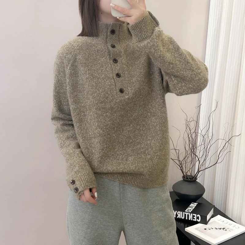 幻彩纱纽扣半开门襟针织打底衫秋冬季新款上衣宽松韩版半高领毛衣