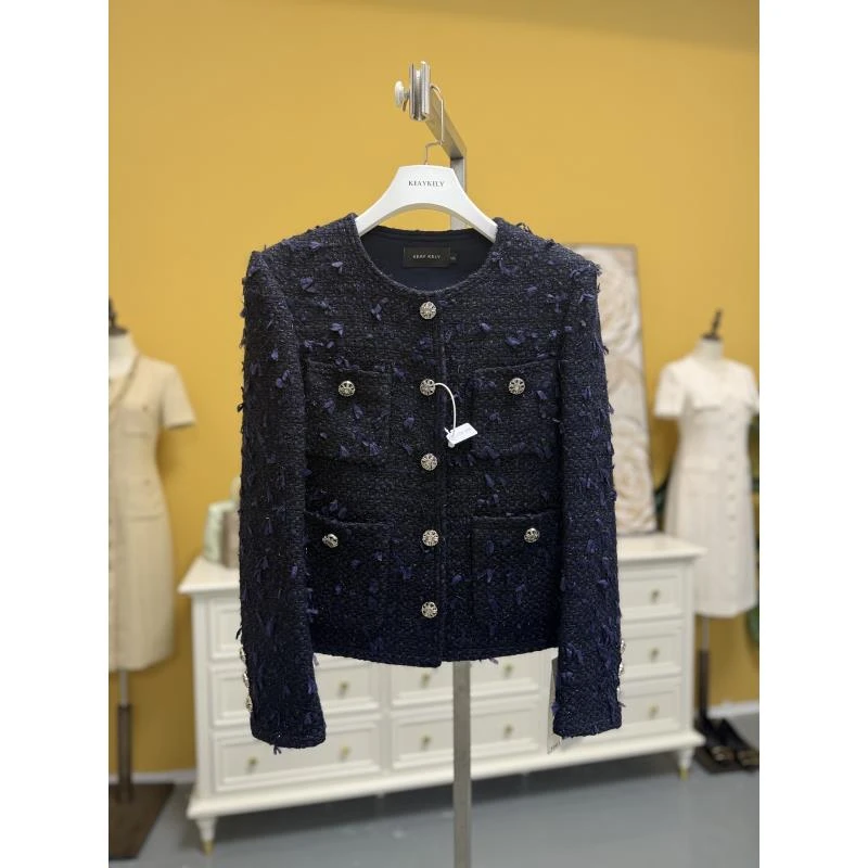 剀剀莉（墨影）藏蓝色时尚气质显瘦圆领软花呢小香风外套