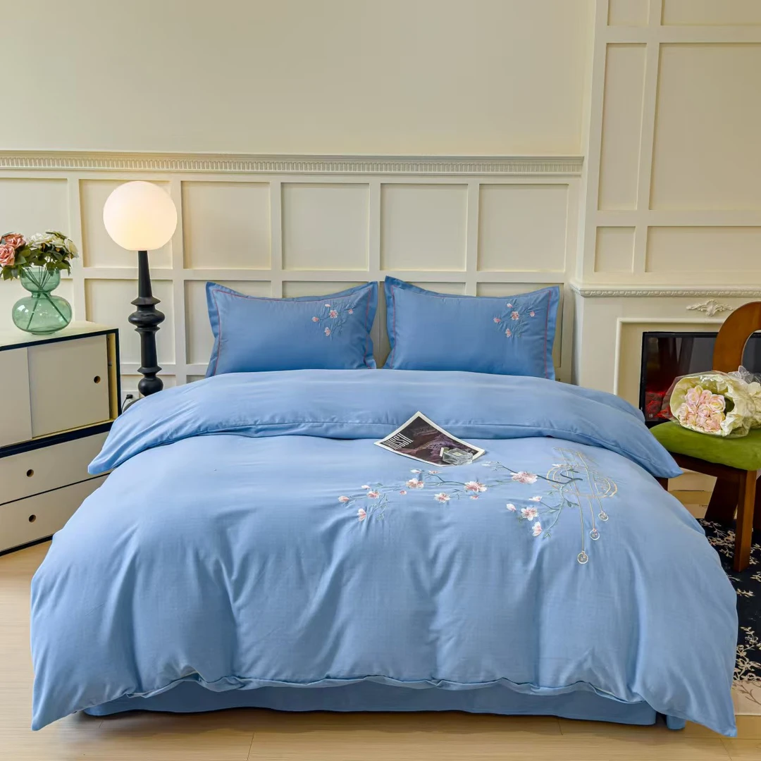 【好温馨专享】 高端轻奢全棉刺绣四件套-竹叶青-蓝