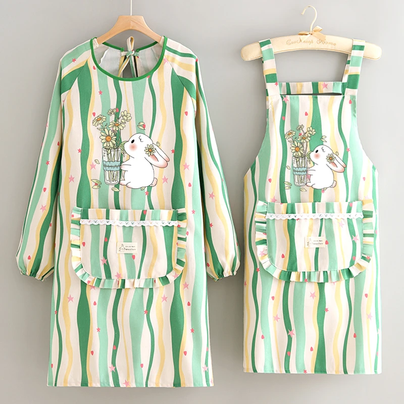 小清新帆布长袖耐磨罩衣定制透气围裙厨房家用围腰餐饮工作服女士