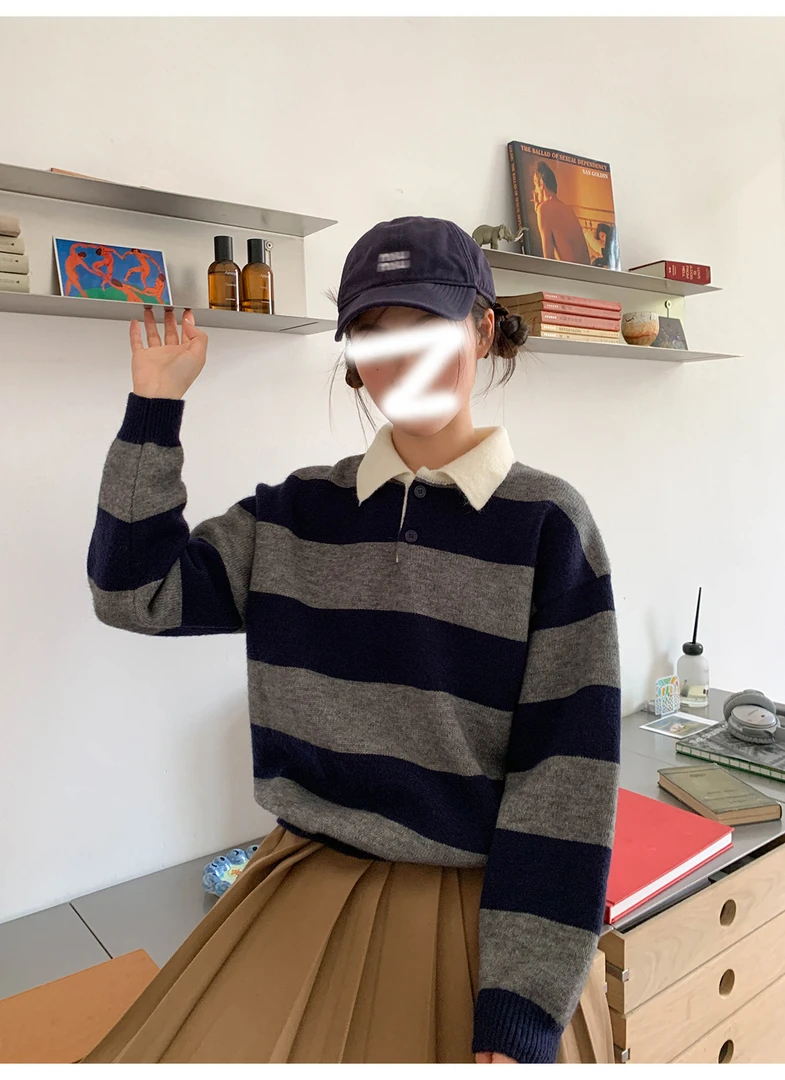 POLO领刺绣条纹假两件软蠕针织毛衣女秋新款宽松显瘦上衣百搭韩版
