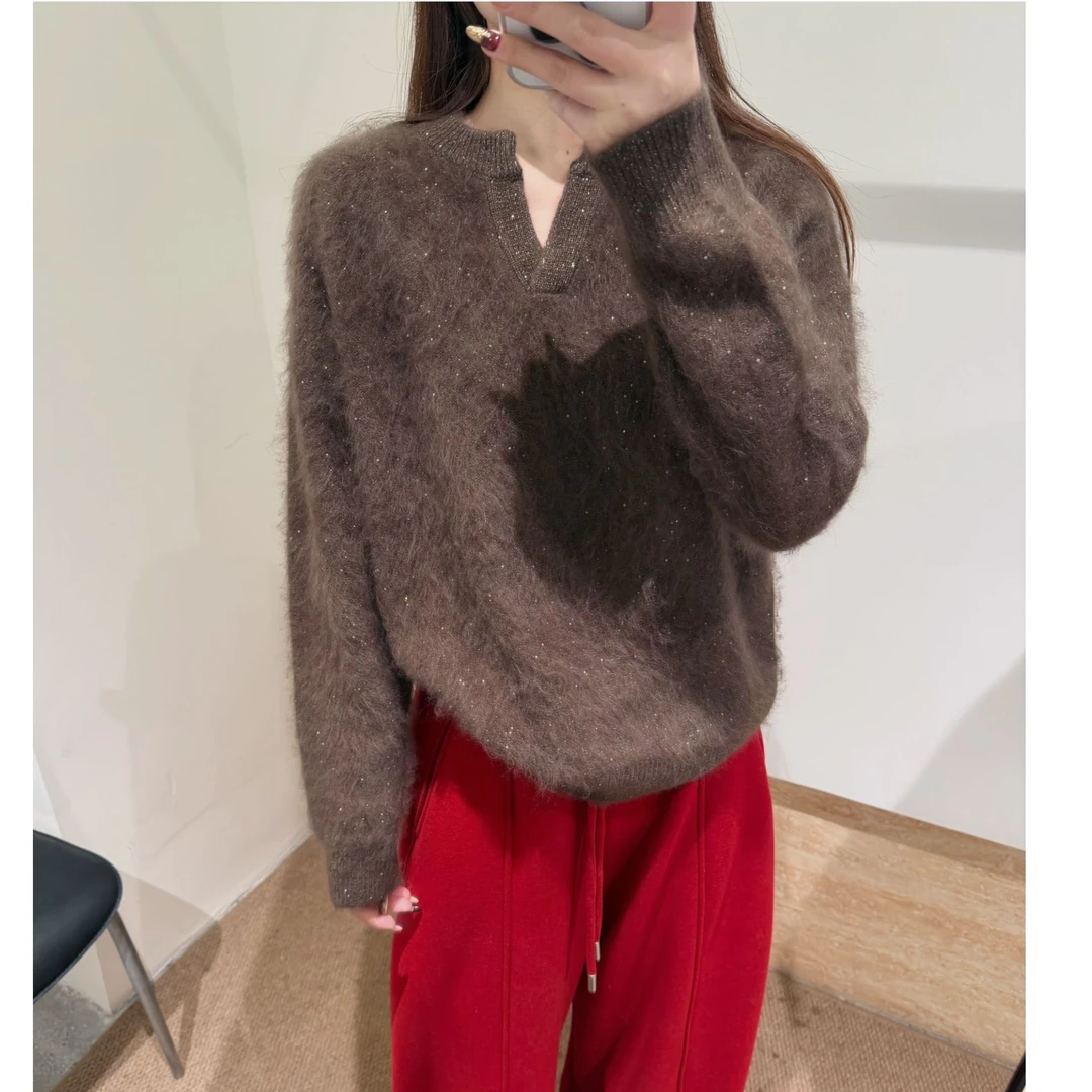 【璀璨系列】新款高品质羊绒拉绒衫时尚气质百搭休闲小V领针织66267