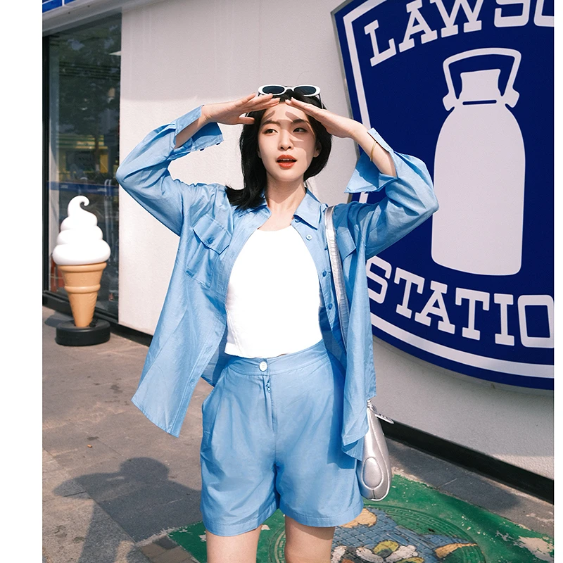 ToyzY24夏新款轻薄丝棉混纺宽松海洋蓝衬衫ZC34230630