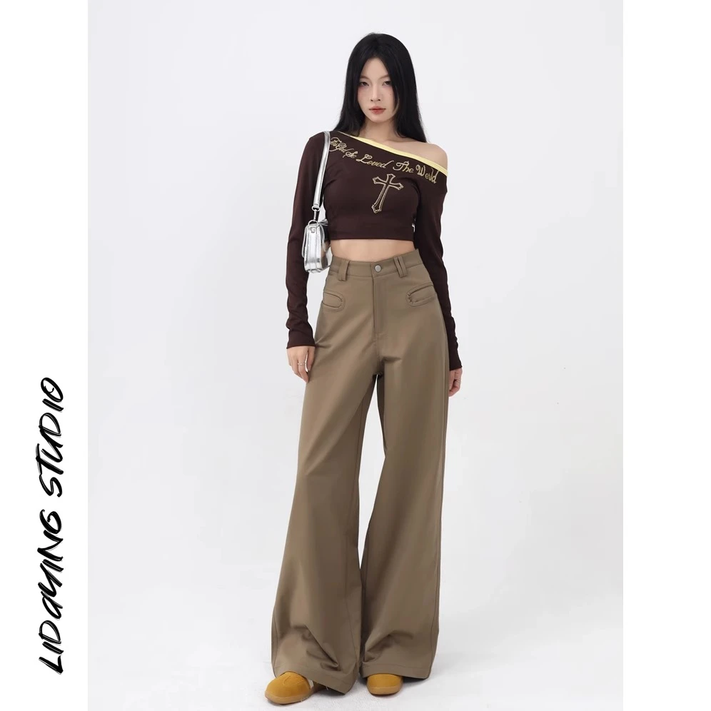 （现货）卡其色高腰阔腿休闲裤女2025新款胖梨形身材宽松小个子裤