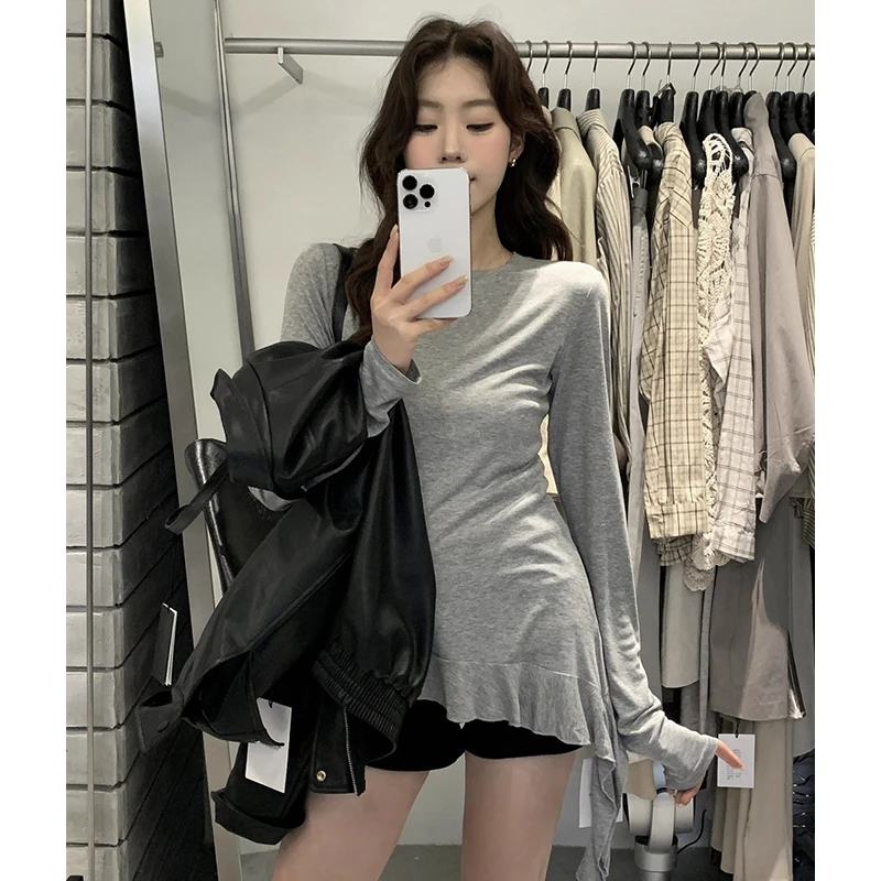 翰代维辣妹修身显瘦T恤女秋季新款设计感飘带长袖打底衫上衣外穿